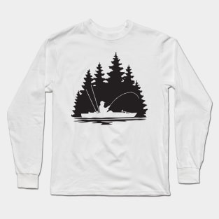 Kayak Fisherman Lake Scene Silhouette Long Sleeve T-Shirt